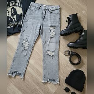 SO High Rise Straight Leg Destructed Grey Jeans - Shark Bite Hem - 9/29